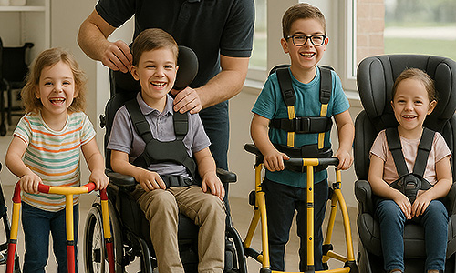 Mehrere Kinder mit unterschiedlichen Mobilitätshilfen wie Rollstuhl und Gehtrainer