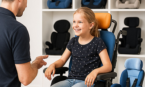 Kind sitzt entspannt in einem therapeutischen Reha-Sitz im Innenraum