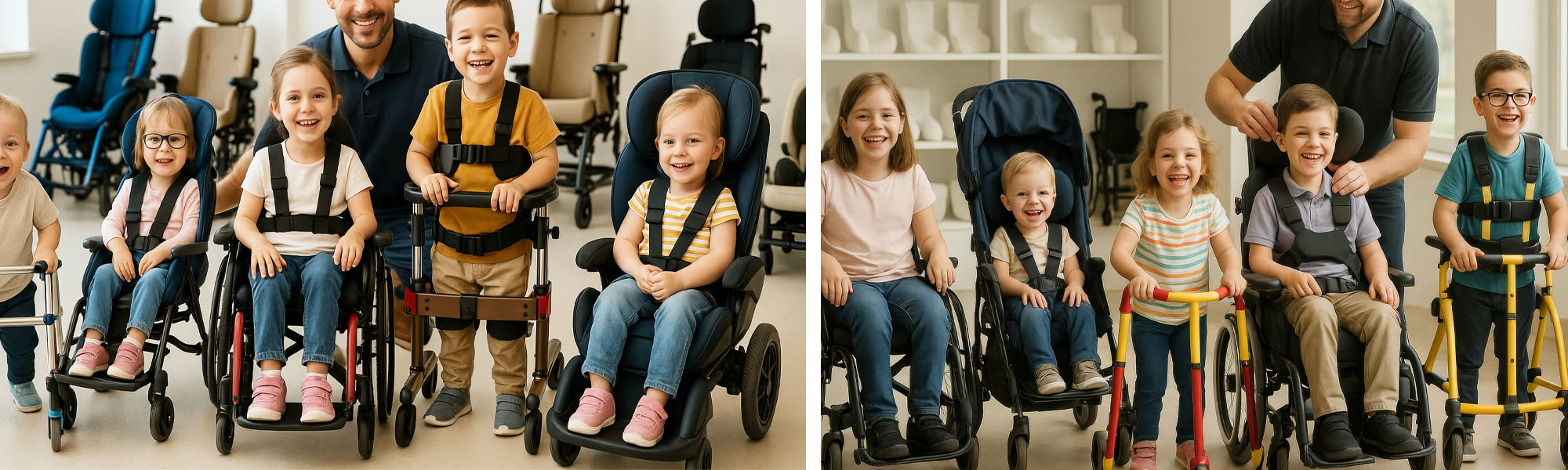 Familie mit Kindern bei der Anpassung von Sitz- und Mobilitätshilfen