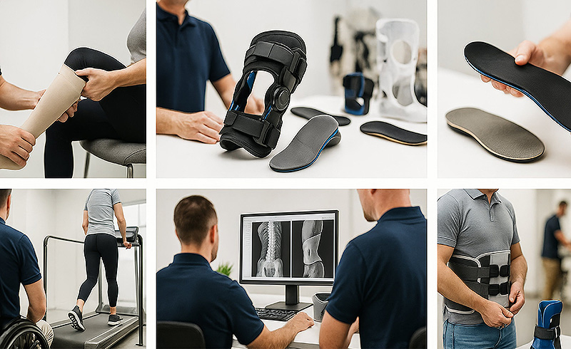 Zusammenstellung mehrerer Beratungssituationen, darunter Anprobe von Bandagen, Auswahl von Einlagen und Analyse von Röntgenbildern