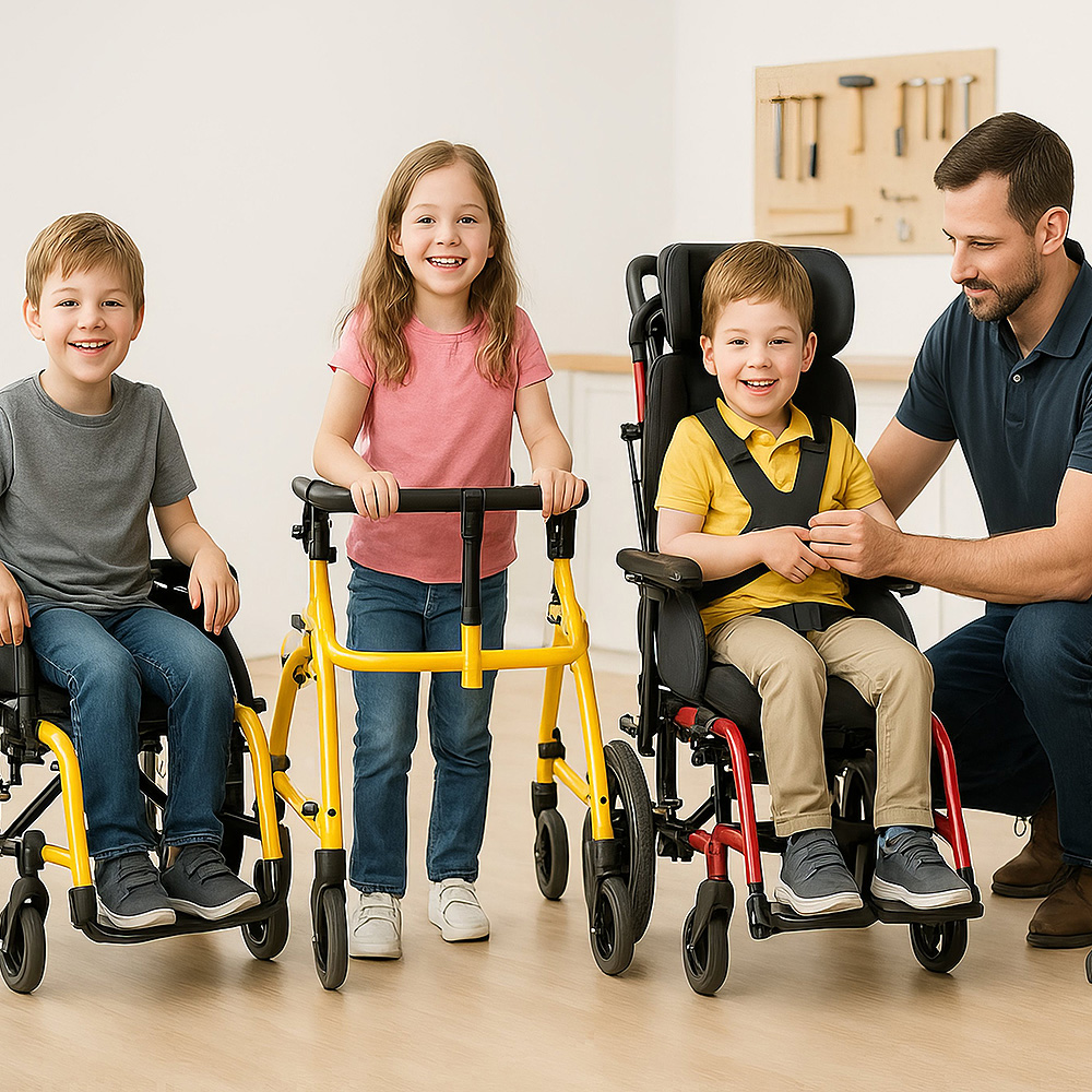Mehrere Kinder mit unterschiedlichen Mobilitätshilfen, darunter Rollstühle und Gehtrainer, stehen und sitzen nebeneinander in einem Raum