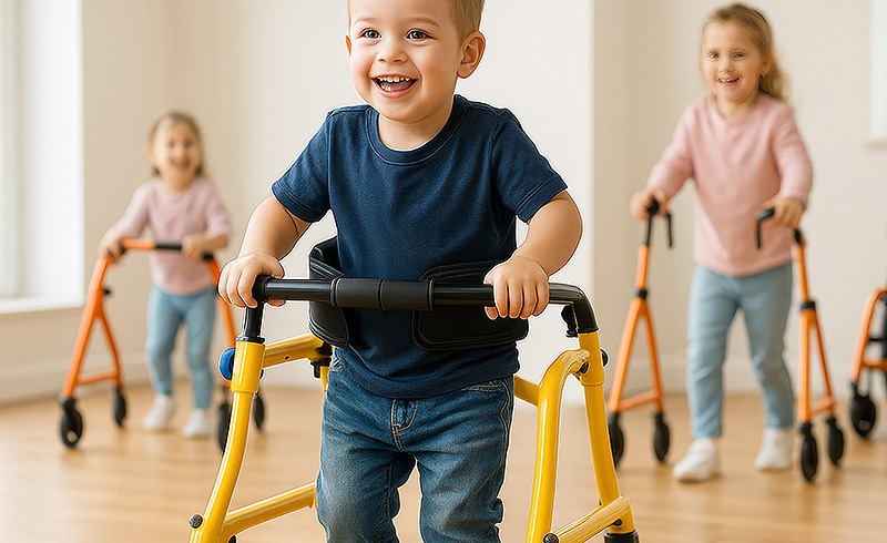Fröhliches Kleinkind nutzt eine gelbe Laufhilfe in einem hellen Raum, weitere Kinder mit Gehhilfen bewegen sich im Hintergrund