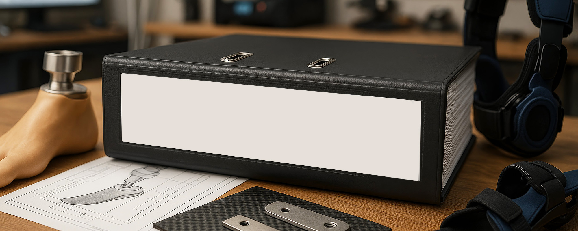 Großer schwarzer Ordner mit weißem Rückenetikett auf einem Arbeitstisch in einer orthopädietechnischen Werkstatt