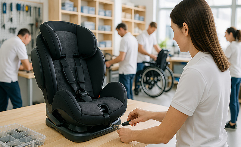 Feinjustierung eines orthopädischen Kindersitzes in einer Werkstatt, während im Hintergrund weitere Arbeitsplätze genutzt werden.