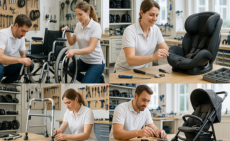 Orthopädietechniker reparieren und warten verschiedene Hilfsmittel wie Rollstuhl, Kinderautositz und Gehhilfe in einer Werkstatt.