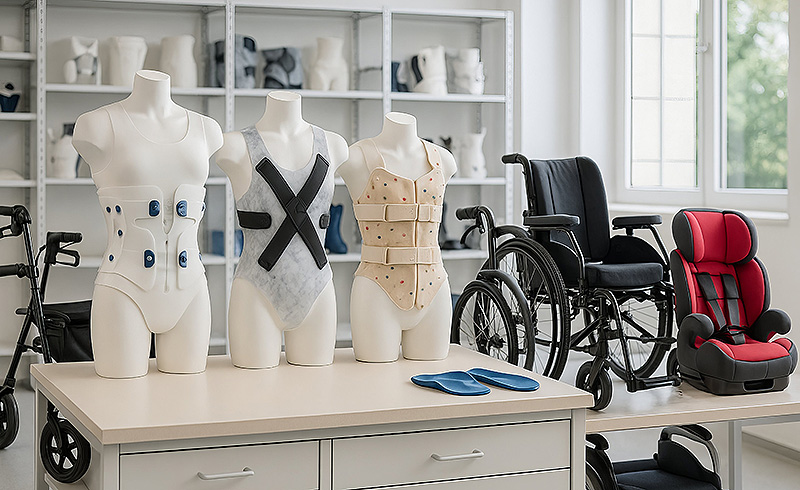 Ausstellung orthopädischer Versorgungen mit Orthesen, Rollstuhl und Kinderautositz in einem Fachbetrieb.