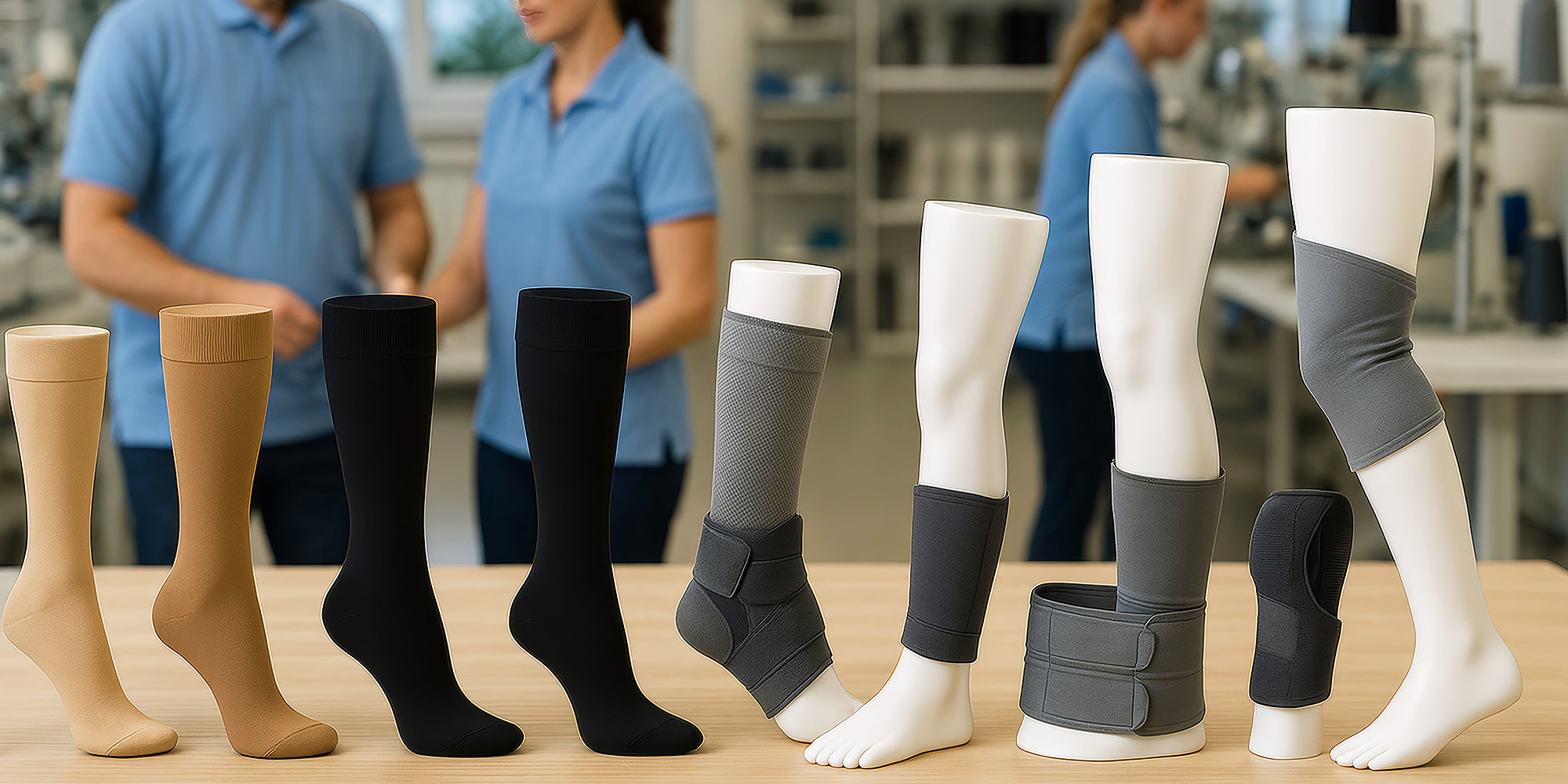 Präsentation verschiedener medizinischer Kompressionsstrümpfe, Bandagen und Orthesen auf Modellen in einer Werkstattumgebung.