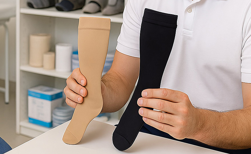 Vergleich verschiedener Kompressionsstrümpfe in hellen und dunklen Farben, präsentiert durch Fachpersonal.