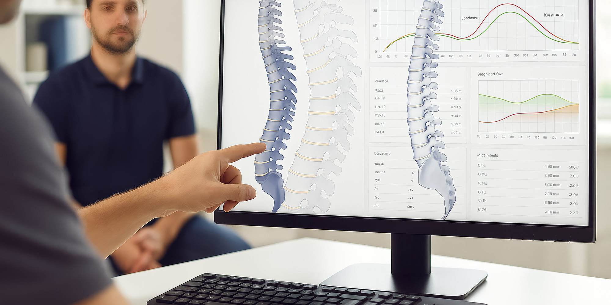 Analyse der Wirbelsäule anhand einer digitalen Darstellung am Monitor während einer Beratung