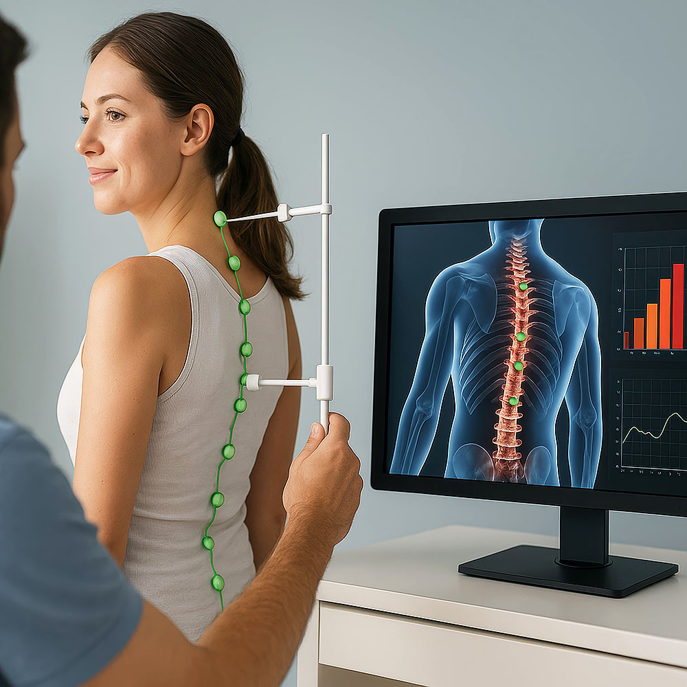 Rückenvermessung einer Frau mit Messgerät, Visualisierung der Wirbelsäule und Belastungsdiagrammen auf dem Monitor